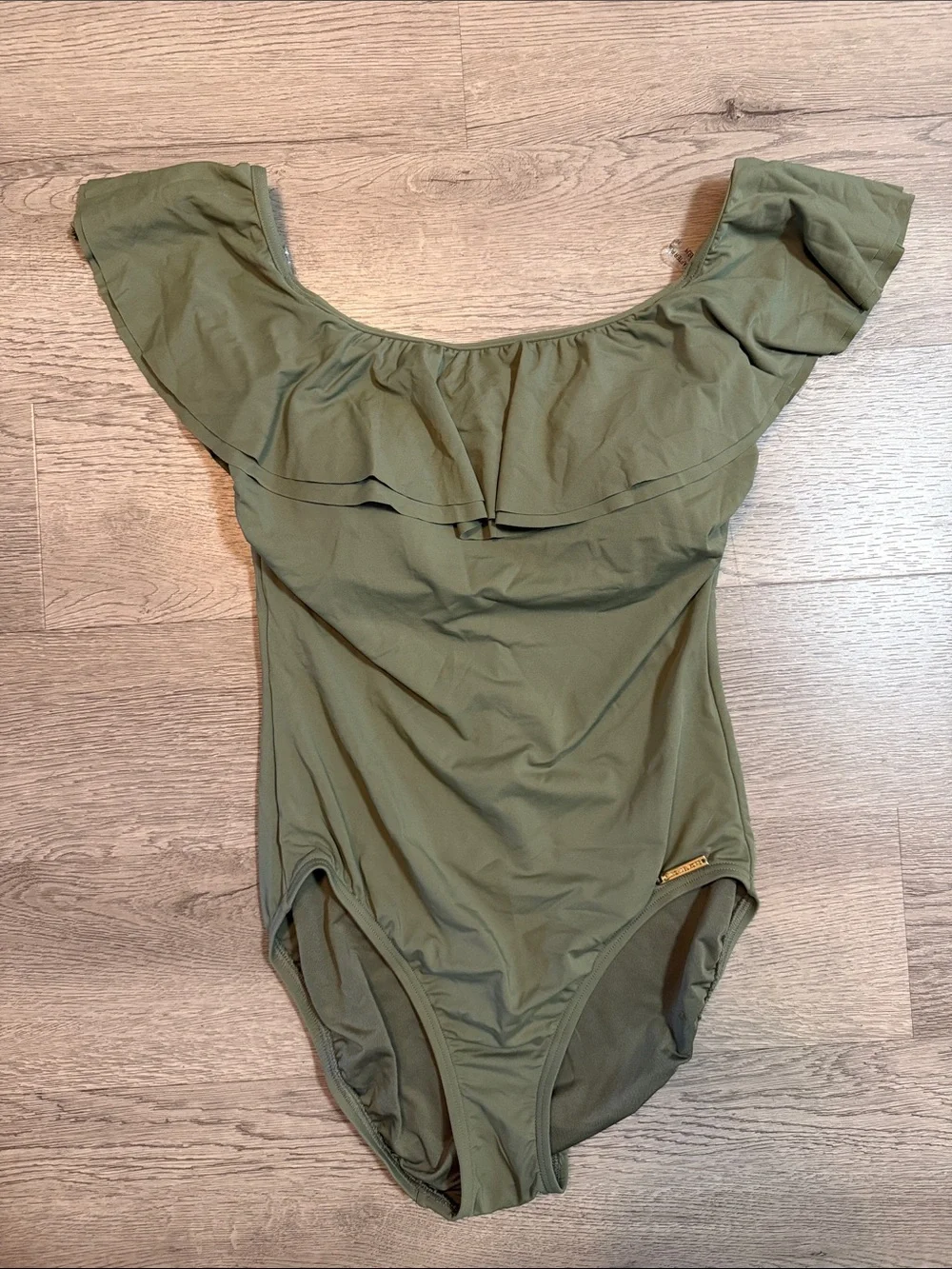 Michael Kors Olive Green Off-Shoulder One-Piece Swimsuit
